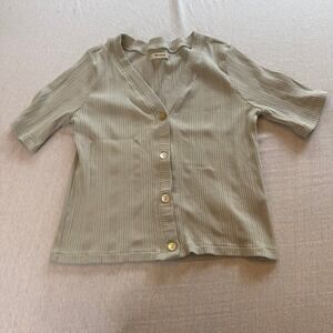 Madewell Sage Green Ribbed Short Sleeve Cardigan Button Front V-Neck Top CKP4621